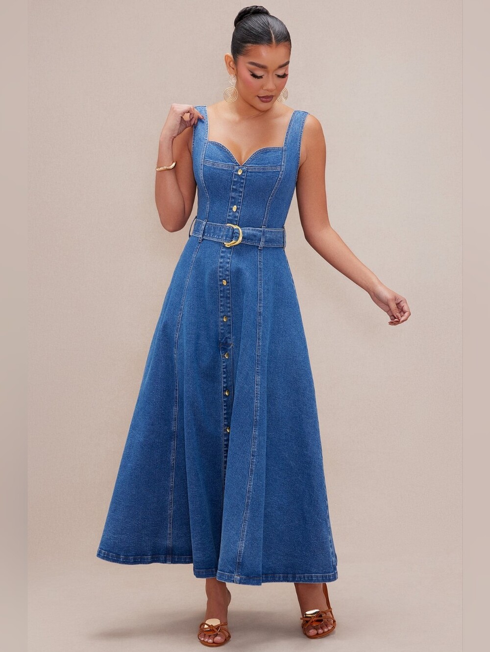 Fashion Nova Gabrielle Denim Maxi Dress Medium Wash Blue Sz L